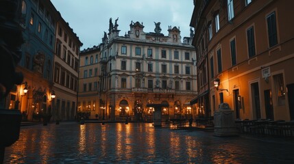 Obraz premium Wet plaza reflects warm lights cityscape evening.
