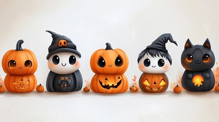 Cute Halloween Cartoon Characters on White Isolated Background  Fun and Spooky Festive Illustration