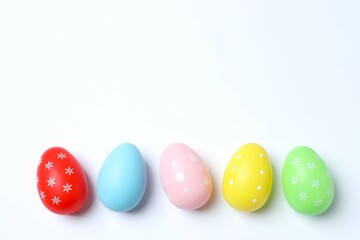 Happy Easter. Colorful eggs on white background, space for text or advertising