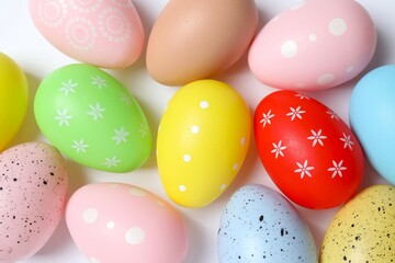 Happy Easter. Colorful eggs on white background, space for text or advertising