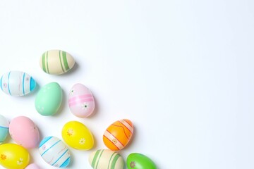 Happy Easter. Colorful eggs on white background, space for text or advertising