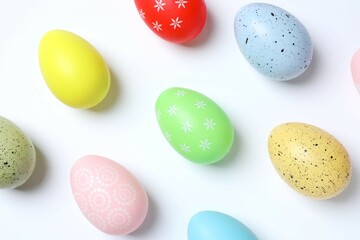Happy Easter. Colorful eggs on white background, space for text or advertising