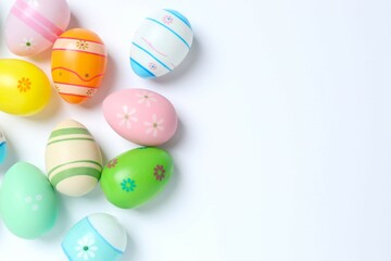 Happy Easter. Colorful eggs on white background, space for text or advertising