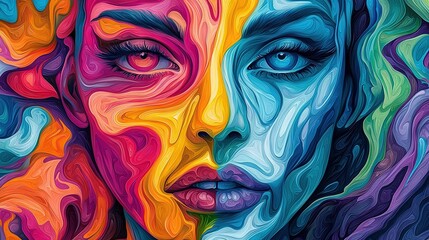   A portrait of a woman with a multi-colored line facial expression