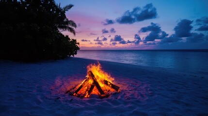 Tropical Beach Bonfire at Sunset: A Serene Evening Escape