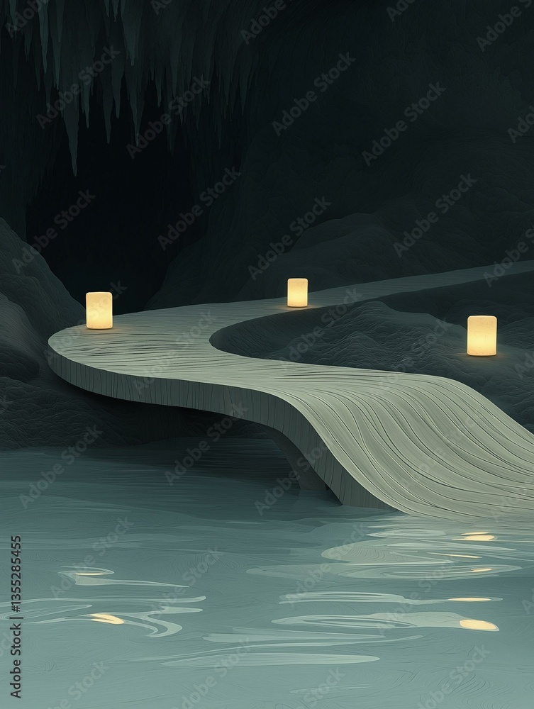Aufkleber long, curved pathway in the middle of a dark cave. the pathway is made of concrete and has a wave-li