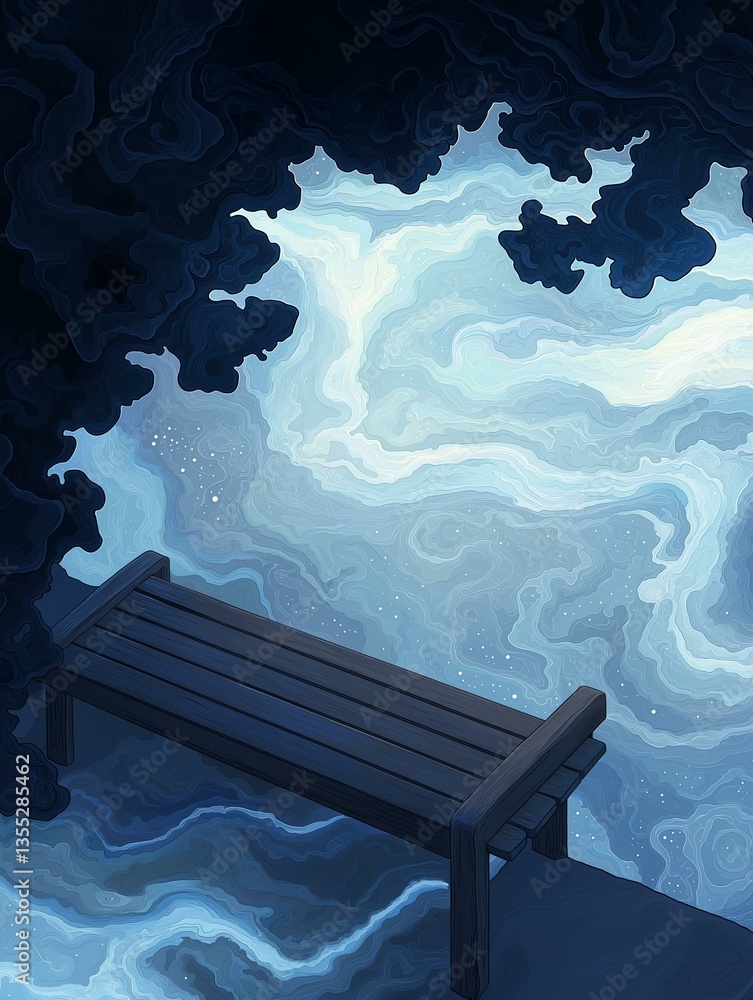 Aufkleber illustration of a wooden bench sitting on the edge of a cliff. the bench is facing towards the right