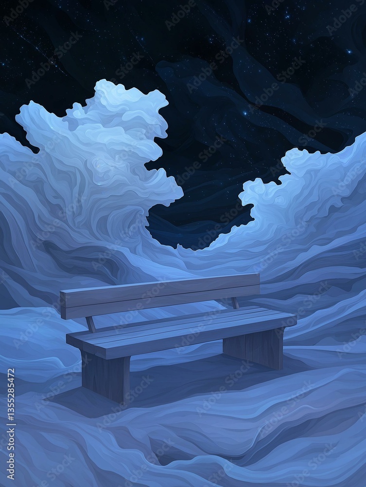 Poster illustration of a wooden bench in the middle of a snowy landscape. the bench is empty and is facing 