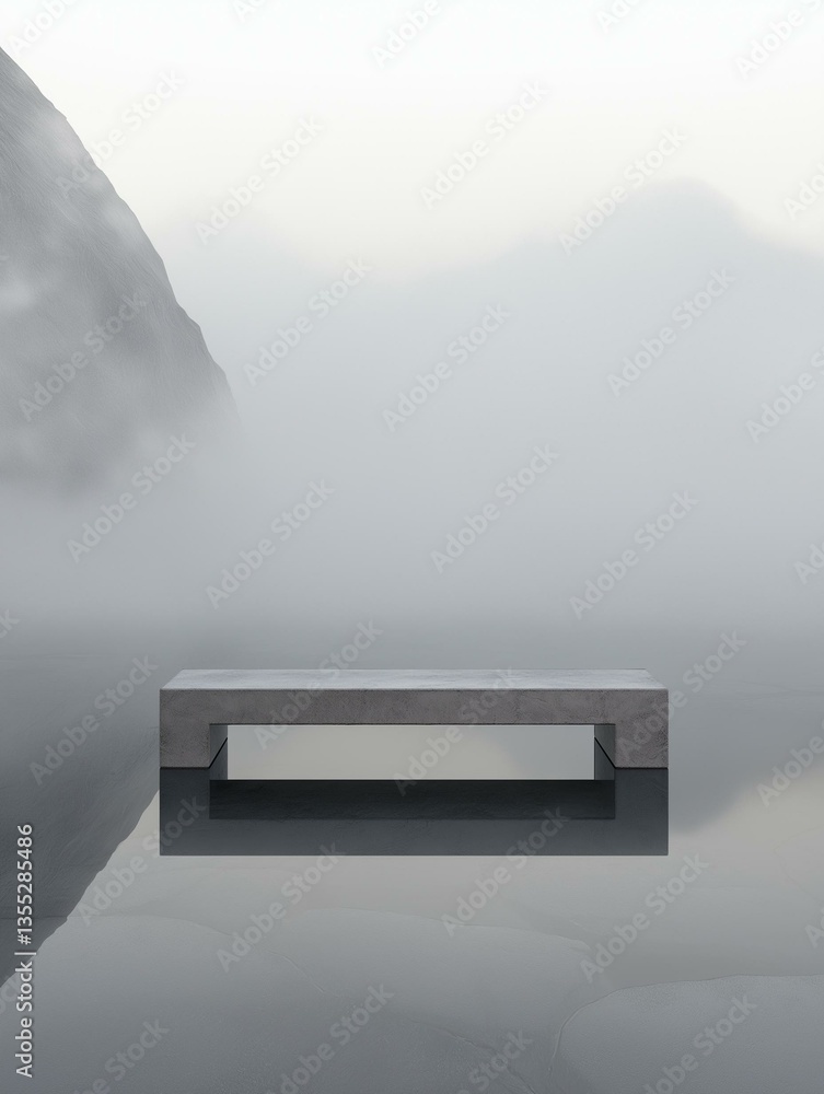 Poster 3d rendering of a concrete bench sitting on top of a body of water. the bench is rectangular in shap