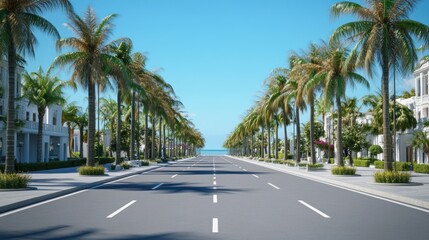 Palm Tree Lined Avenue with Clear Blue Sky and Modern Architecture