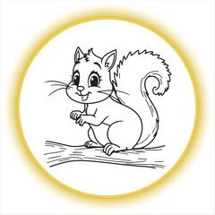 Squirrel Line Art Drawing for Coloring Book,Cute Squirrel Outline Vector Illustration,Cartoon Squirrel Sitting on Branch Line Drawing,Hand Drawn Squirrel Black and White Sketch