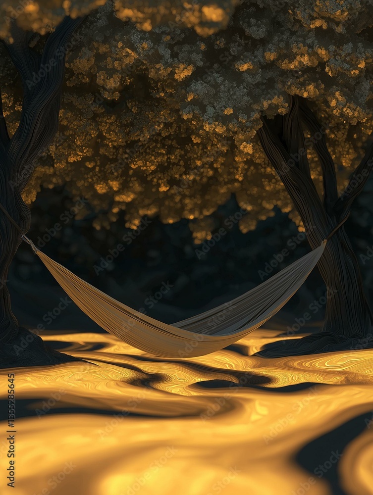 Poster digital illustration of a hammock hanging between two trees. the hammock is made of a light-colored 