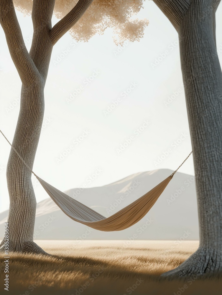 Poster hammock hanging between two trees in a field. the hammock is made of a light-colored fabric and is s