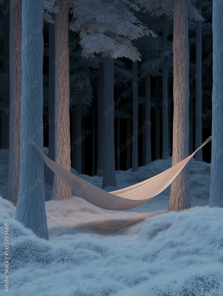 Poster hammock hanging between two tall trees in a snowy forest. the hammock is made of a light-colored fab
