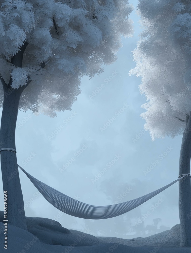 Poster peaceful scene of two trees with white snow-covered branches. the trees are standing on a hill with 