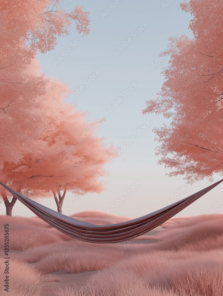 Poster digital illustration of a hammock in the middle of a field. the hammock is in the center of the imag
