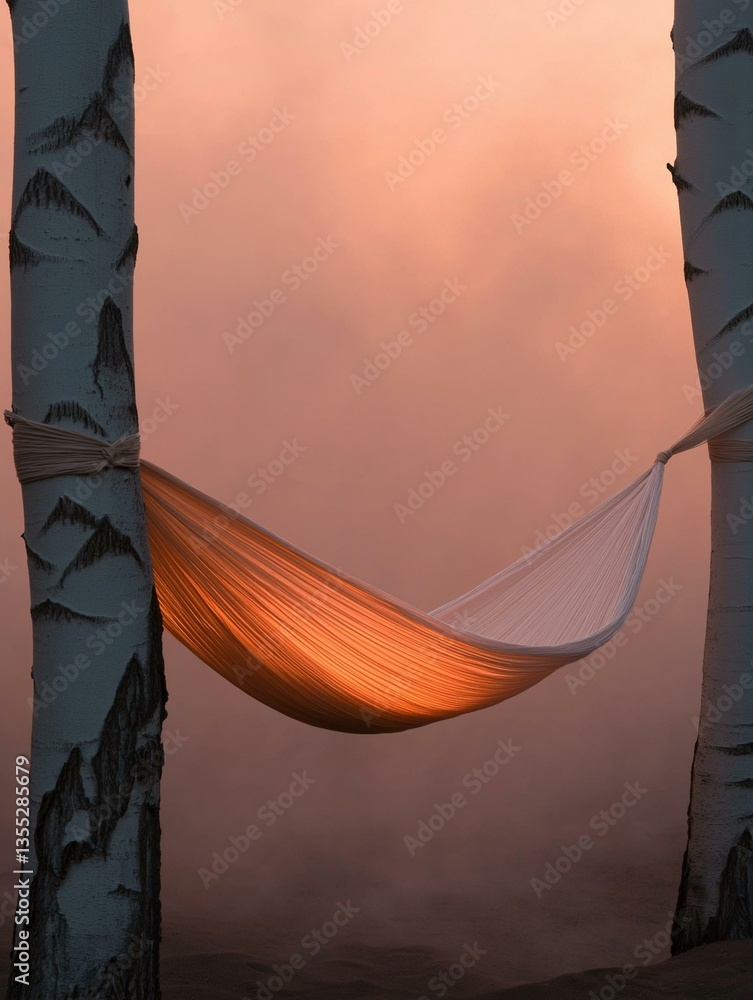 Poster hammock hanging between two palm trees. the hammock is made of orange fabric and is tied between the