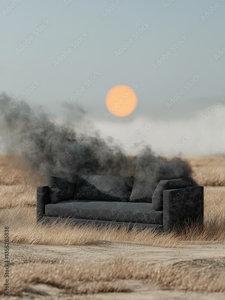 Aufkleber black couch in the middle of a dry grassy field. the couch is in the center of the image and is faci