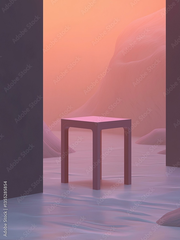 Poster small square-shaped table in the center of a room with a pink and orange gradient background. the ta