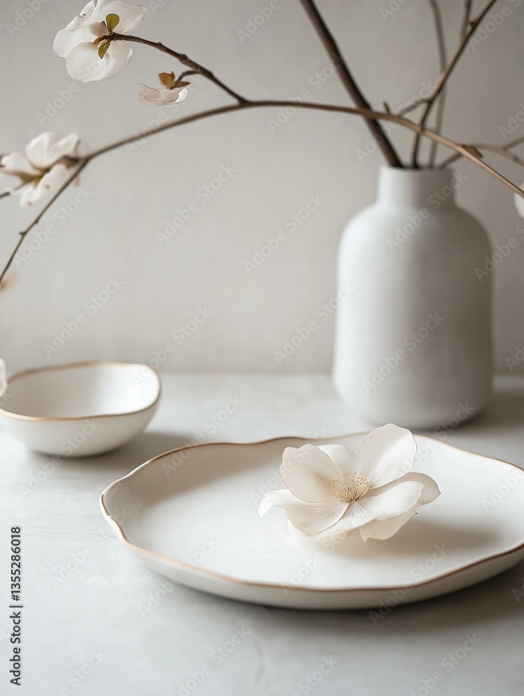 Poster white table setting with a white vase and a small white bowl on the left side. on the right side of 
