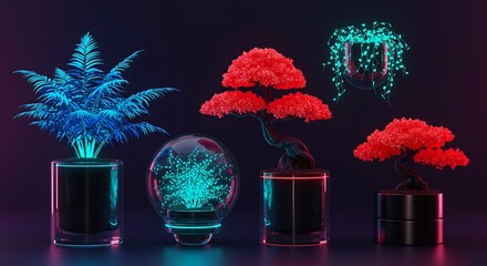 Neon Glowing Potted Plants Collection, futuristic plants