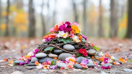 Colorful flower and stone arrangement in a forest