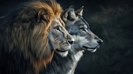 Fototapeta premium Lion Wolf Side By Side Portrait
