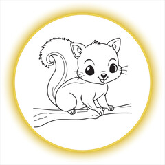 Squirrel Line Art Drawing for Coloring Book,Cute Squirrel Outline Vector Illustration,Cartoon Squirrel Sitting on Branch Line Drawing,Hand Drawn Squirrel Black and White Sketch