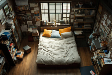 Cozy bedroom filled with books and personal items in a warm, inviting space