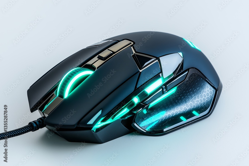 Leinwandbilder futuristic wired gaming mouse with sleek ergonomic design and glowing blue led lights for high-perfo