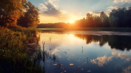 Obraz premium Sunset over Serene Lake: The sun dips below the horizon, painting the sky in vibrant hues as its golden light reflects on the tranquil lake water, embraced by lush trees.