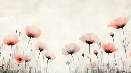 Hand painted poppies with soft blush petals on wrinkled parchment paper background, perfect for romantic stationery, floral packaging, feminine poster art, springtime marketing, rustic branding