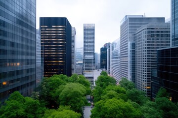 Urban park in a city of towering skyscrapers.  A verdant oasis amid concrete structures