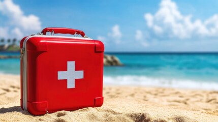 First Aid Kit on a Tropical Beach: Safety and Summer Vacation