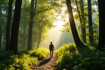 A solitary figure finds peace and hope walking a sun-dappled path through a serene forest, bathed in golden light and misty air.