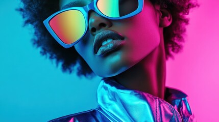 Stylish Afro Woman with Neon Sunglasses with Futuristic Fashion.