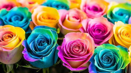 Rainbow rose gradient field hyper saturated chromatic aberration effect surreal gardening concept