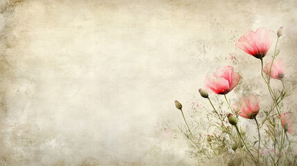 Hand painted poppies with soft blush petals on wrinkled parchment paper background, perfect for romantic stationery, floral packaging, feminine poster art, springtime marketing, rustic branding