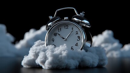 Retro alarm clock resting on fluffy clouds