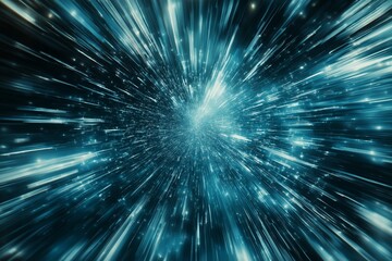 Abstract digital light speed tunnel with glowing blue beams representing futuristic motion, energy and sci-fi time travel concept, Generative AI