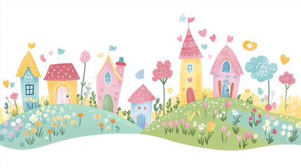 Pastel cartoon village with flowers and hearts on hills