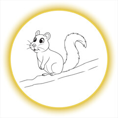 Squirrel Line Art Drawing for Coloring Book,Cute Squirrel Outline Vector Illustration,Cartoon Squirrel Sitting on Branch Line Drawing,Hand Drawn Squirrel Black and White Sketch