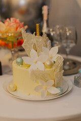 Beautiful handmade cake with design at the festival. Rediation table. The work of the confectioner