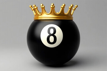 The eight ball reigns supreme, a golden crown signifying victory and mastery in a high-stakes game, rendered in sharp, clean 3D detail.