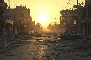 Obraz premium War-torn street at sunrise damaged car.