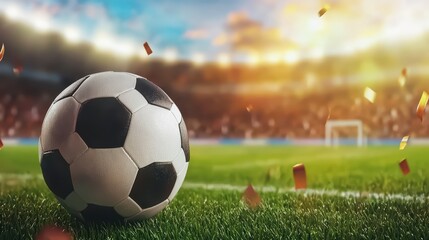 Fototapeta premium Close-up of soccer ball on field with fans background
