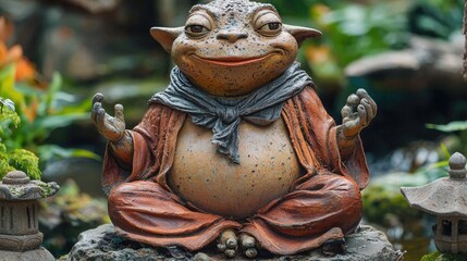 A serene toad statue, in a meditative pose, adorned in robes, sits amidst lush greenery