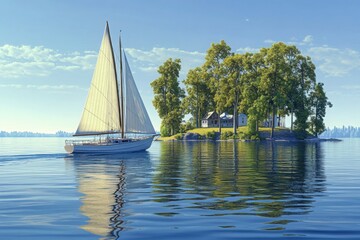 Obraz premium Relaxing sailing on a lake with a yacht and sailboat under a summer sky