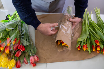 Male florist wrapping tulips in shop with colorful bouquets and craft paper
