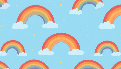 A colorful rainbow pattern on blue and pink backgrounds with tiny stars, bringing a cheerful and fun vibe